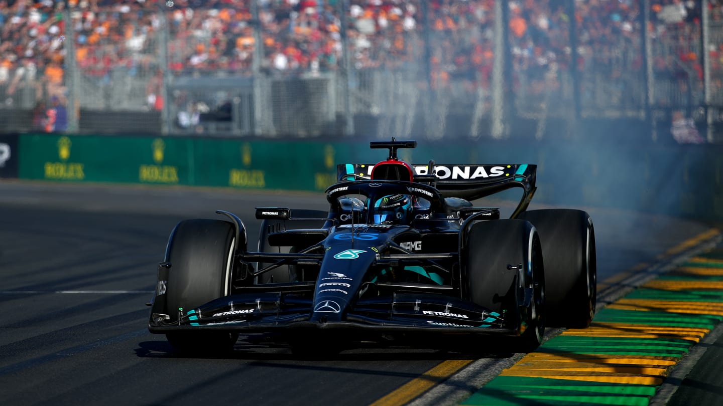 MELBOURNE, AUSTRALIA - APRIL 02: George Russell of Great Britain driving the (63) Mercedes AMG