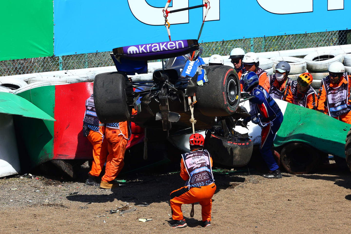 SUZUKA, JAPAN - APRIL 07: The car of Alexander Albon of Thailand and Williams is removed from the