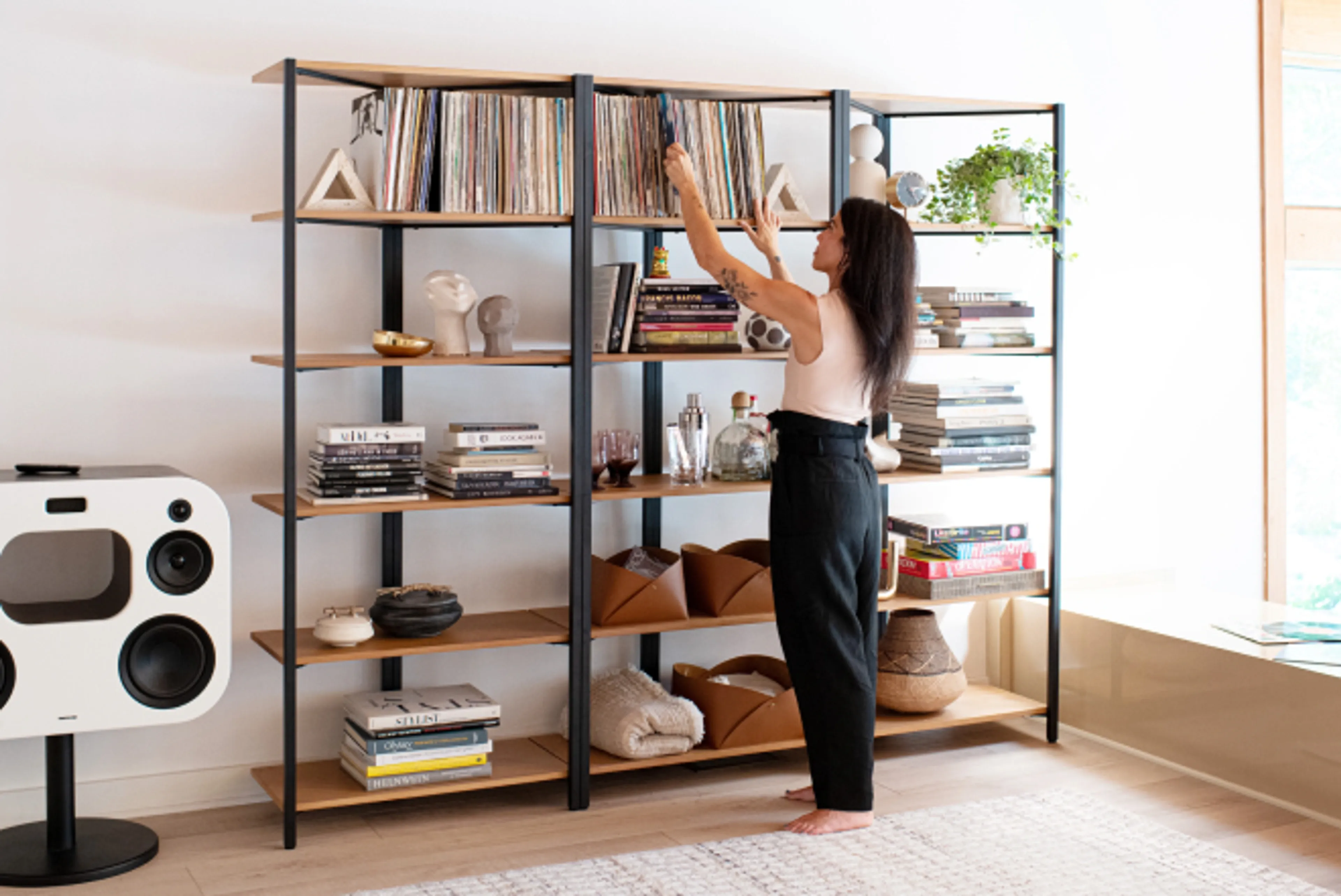 Three tall Canon shelves in a living room setting
