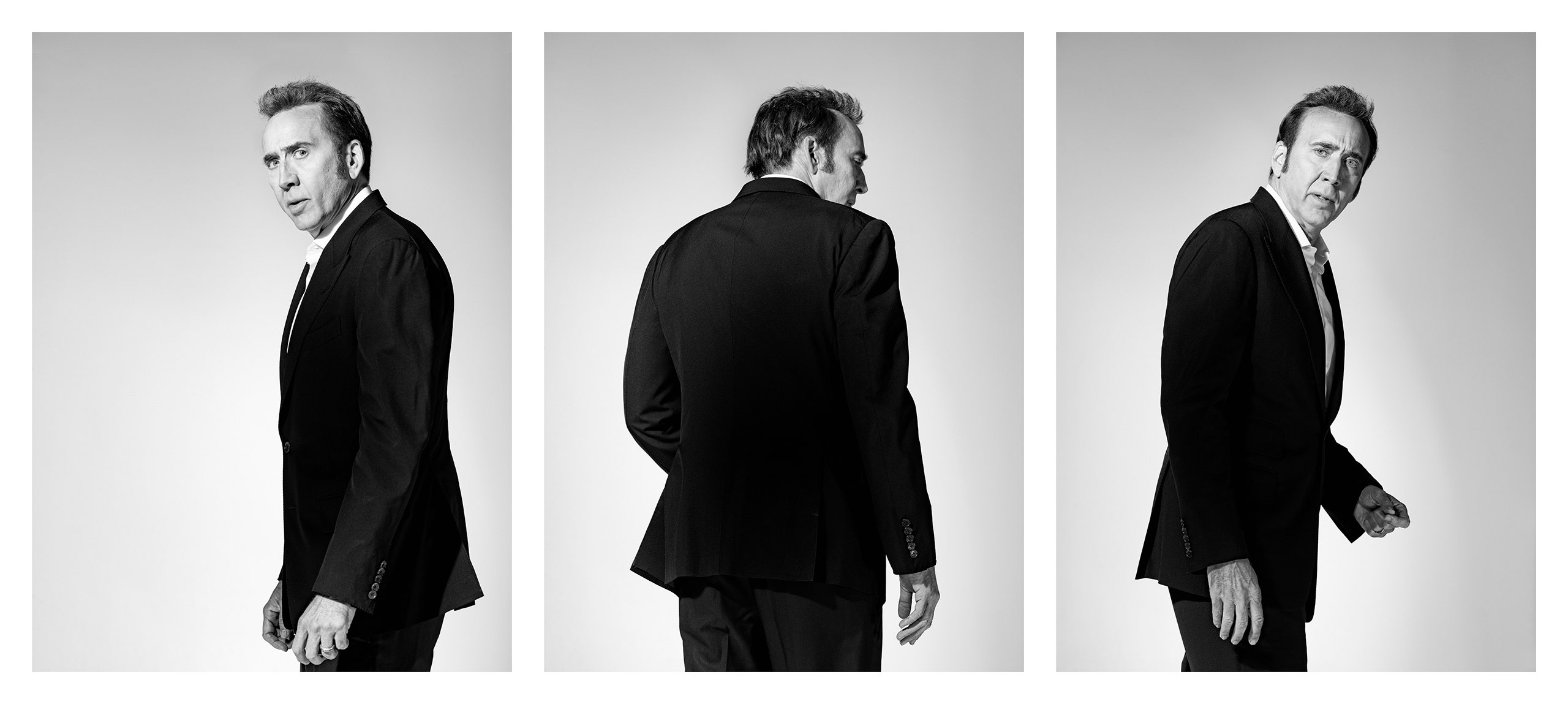 Triptych of three blackandwhite portraits of Nicolas Cage in a black suit and white collared shirt. In the middle image...