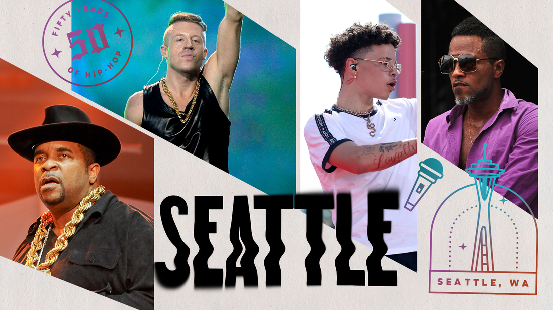 Sir Mix-a-Lot, Macklemore, Lil Mosey & Ishmael Butler. Collage by Jackie Lay / NPR.