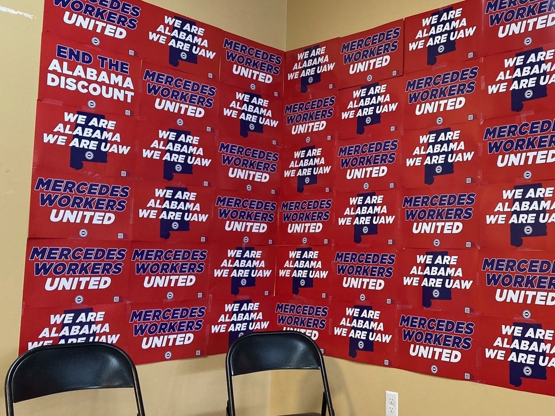 Posters cover the walls of the UAW office in Coaling, Ala., that served as headquarters for the union organizing campaign at Mercedes.