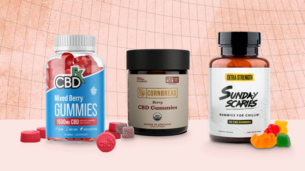 The best CBD gummies for anxiety in 2024 on a light red background.