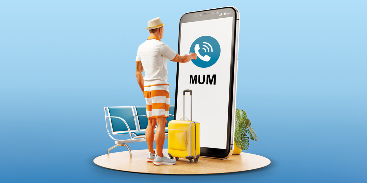 man in airport waiting area looking at a giant phone calling MUM