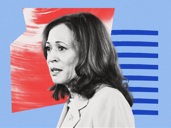 A photo of Kamala Harris on a red and blue background