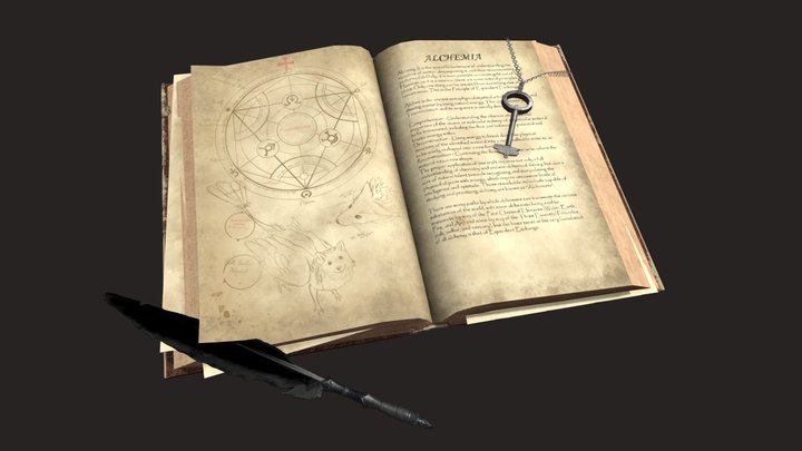 Antique Book with Quill and Key 3D Model