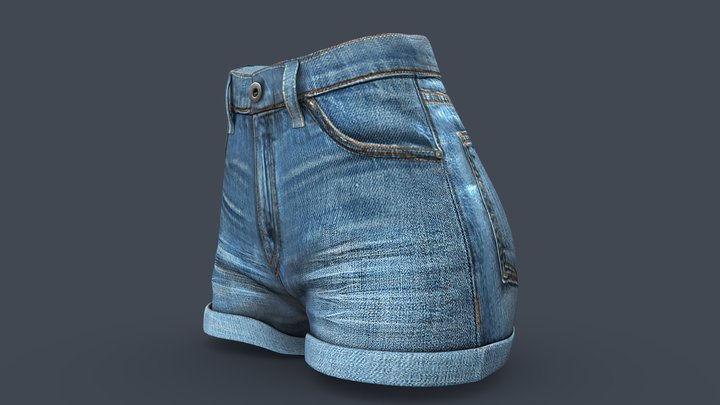 High Waist Rolled Legs Mini Denim Female Shorts 3D Model