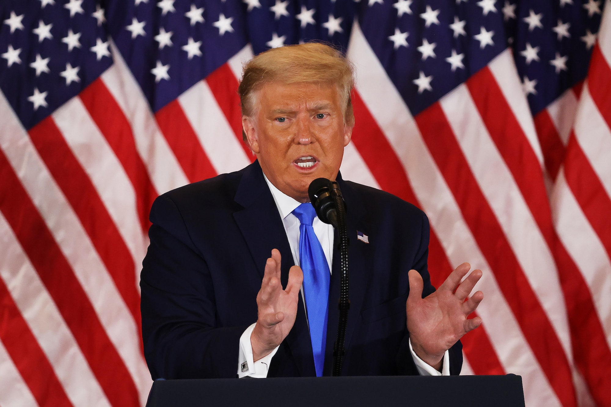 U.S. President Donald Trump speaks on election night in the East Room of the White House in the early morning hours of...