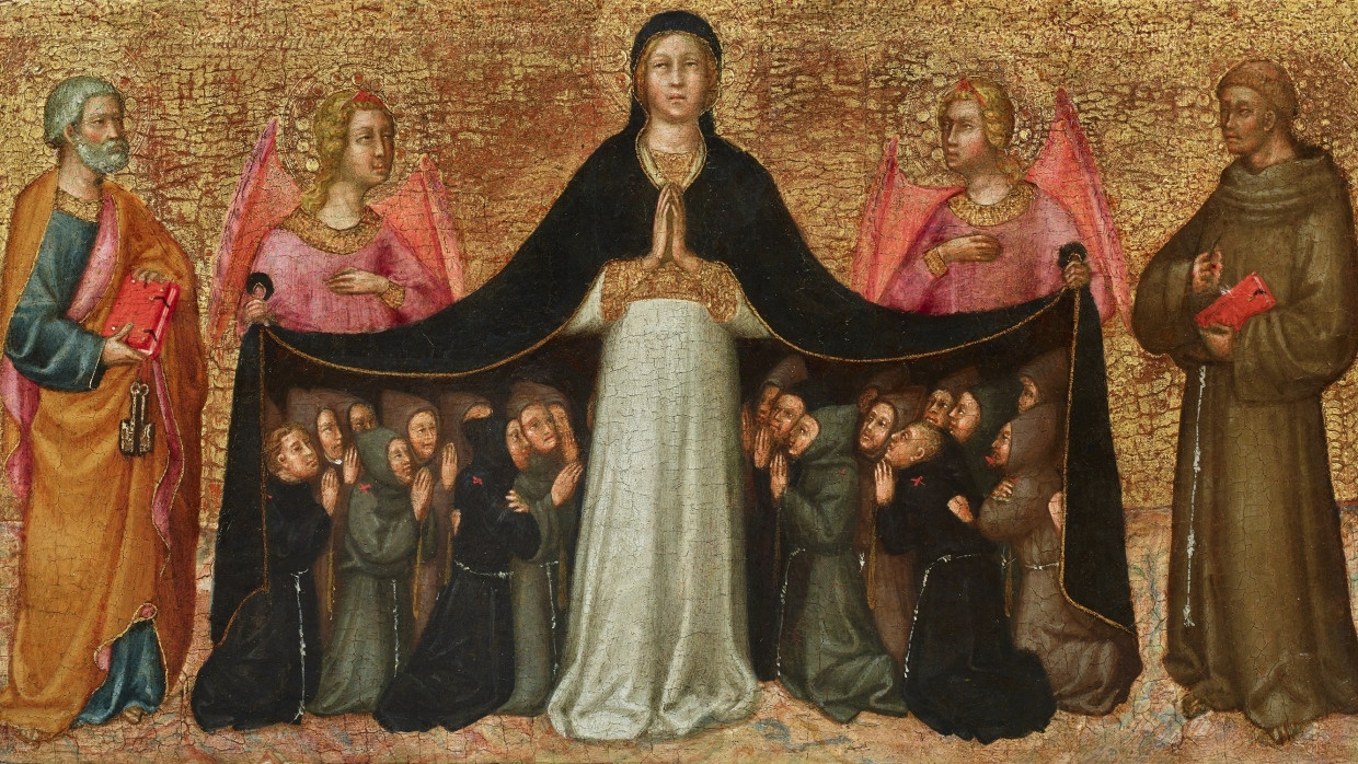 Bei Giovanni Sarti (Paris): Paolo di Giovanni Fei, „Vierge de Miséricorde entre deux Anges, Saint Pierre et Saint François“, um 1395/1400, Tempera und Gold auf Holz, 23,5 mal 43,5 Zentimeter, Taxe 280.000 Euro