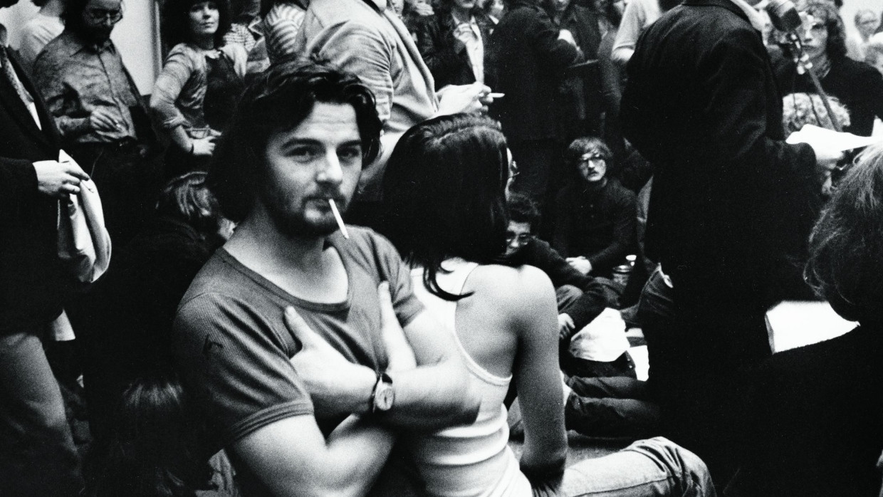 Joschka Fischer 1973 in der Goethe-Universität bei einem Teach-in zum Häuserkampf