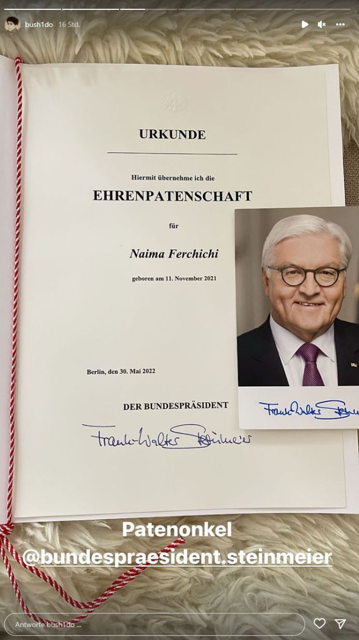 Die Ehrenurkunde des Bundespräsidenten für eine der Töchter von Familie Ferchichi.