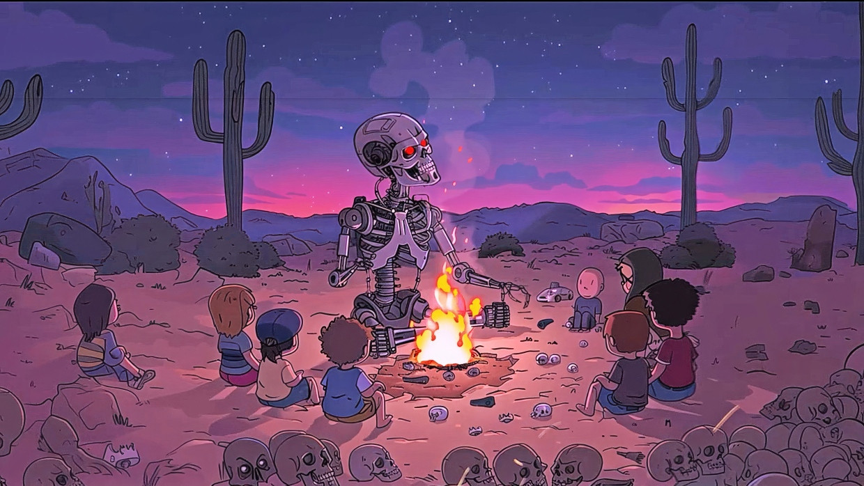 In der selbstironischen Satire „Exit Valley“ erzählt ein Roboter den Kindern der Zukunft am Lagerfeuer in der Wüste die Geschichte des Silicon Valley.