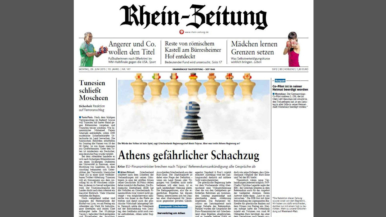 Mit Lücke: Titelseite der Rhein-Zeitung vom 29.06.2015