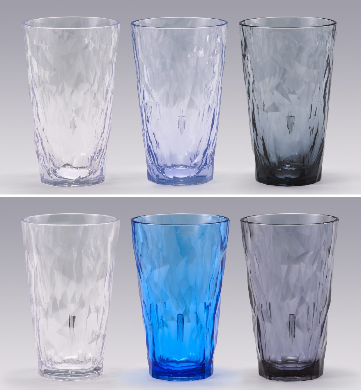 2. Preis, Glas „CLUB NO. 6 Superglas 300ml”. Oben Originale: koziol »ideas for friends GmbH, Erbach, Deutschland. Unten Plagiate: METPLAS A.S. / „Rubikap“ Plastic Tableware, Istanbul, Türkei