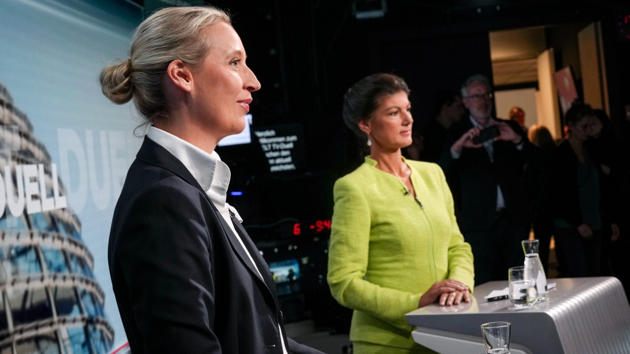 Die AfD-Vorsitzende Alice Weidel und die BSW-Vorsitzende Sahra Wagenknecht in einem TV-Duell am 9. Oktober