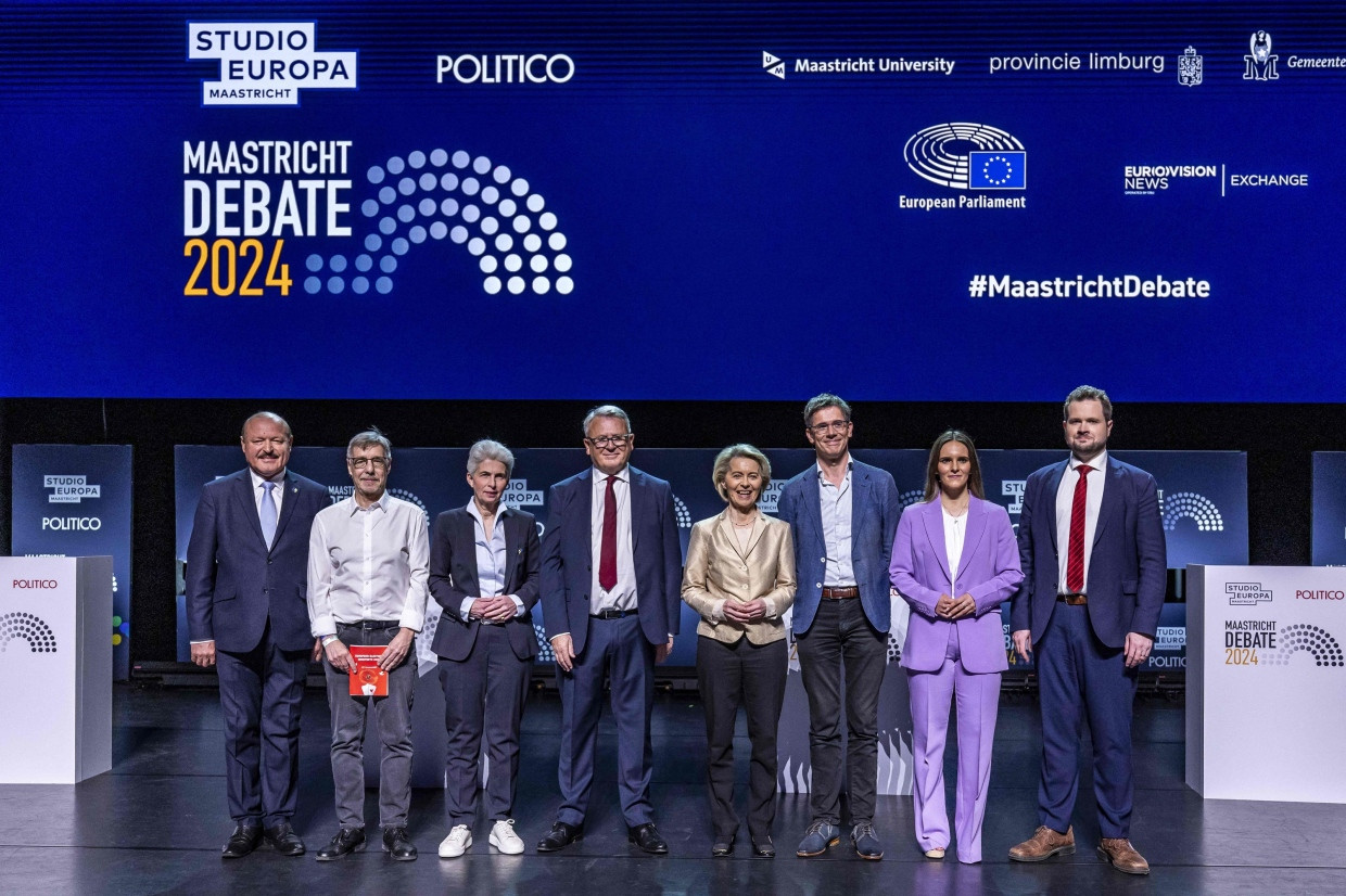 Die Spitzenkandidaten zur Europawahl (von links nach rechts): Valeriu Ghiletchi (Europäische Christliche Politische Bewegung), Walter Baier (Linke), Marie-Agnes Strack-Zimmermann (Allianz der Liberalen und Demokraten), Nicolas Schmit (Europäische Sozialisten), Ursula von der Leyen (Europäische Volkspartei), Bas Eickhout (Grüne), Maylis Roberg (Freie Allianz) and Anders Vistisen (Identität und Demokratie).