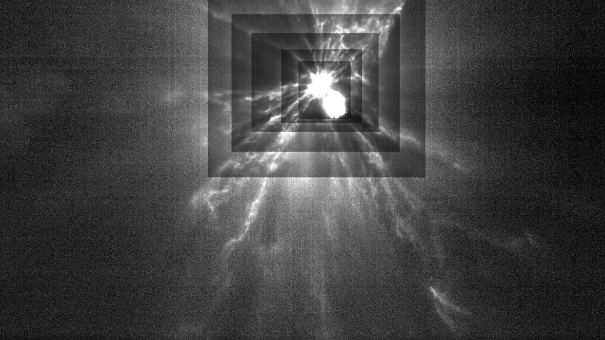 Trümmerwolken entströmen dem Asteroiden Dimorphos, nachdem er am 26. September von der Sonde „Dart“ getroffen worden war. Jedes Rechteck zeigt eine andere Kontrasteinstellung, um die Feinstruktur des herausgeschleuderten Materials hervorzuheben.