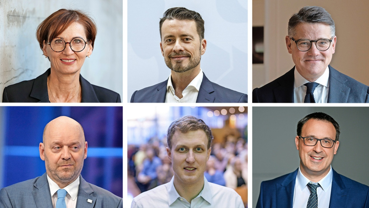 An der Spitze ihrer Parteien in Hessen: Bettina Stark-Watzinger (FDP), Andreas Lichert (AfD), Boris Rhein (CDU), Robert Lambrou (AfD), Andreas Ewald (Die Grünen) und  Sören Bartol von der SPD (von oben links).