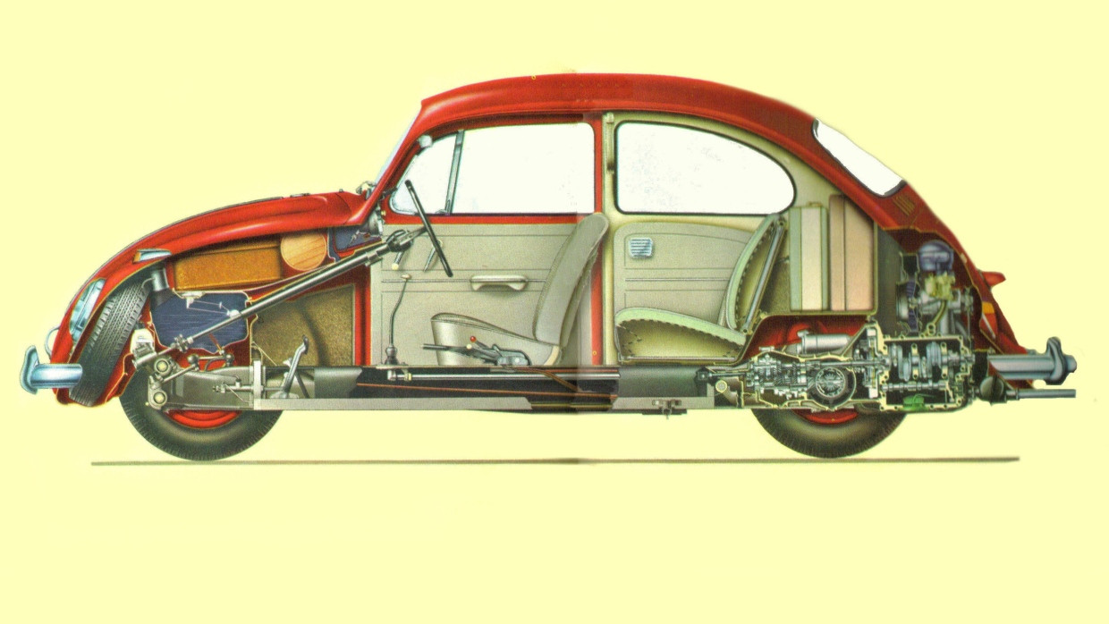 Symbol der Freiheit und der Mobilität: Querschnittszeichnung eines VW Käfer aus dem Jahr 1966