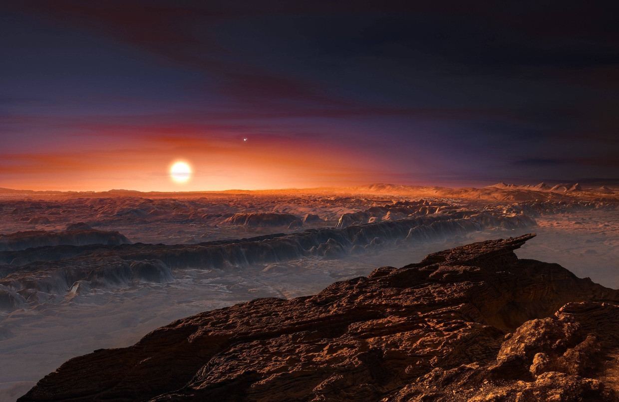 Wo erdähnliche Exoplaneten vermutet werden, sind künstlerische Träumereien meist nicht weit: Hier Proxima b im Sonnenlicht seines Heimatsterns.