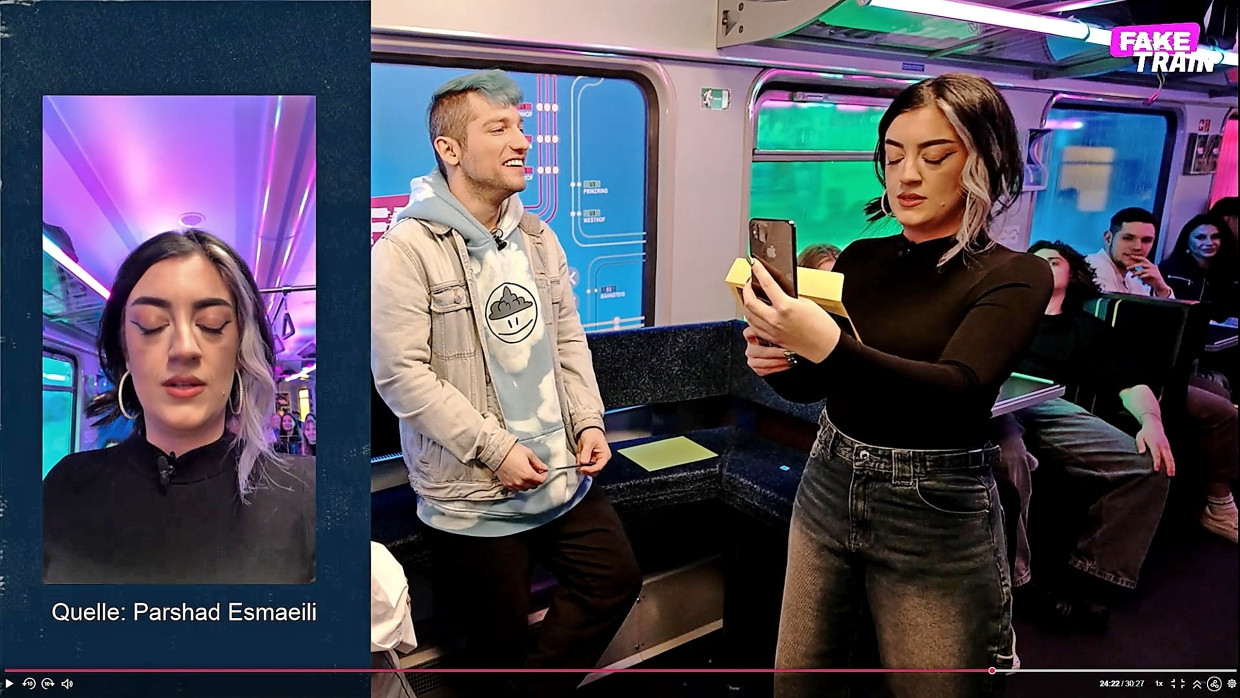 Rezo und die Comedienne Parshad Esmaeili in der ersten Episode der Videoreihe „Fake Train“