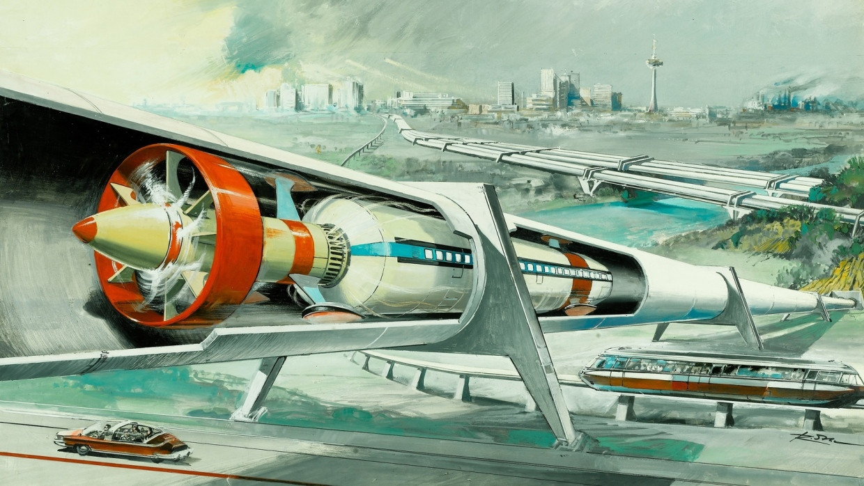 Die Idee gefällt auch heute: Vor Jahrzehnten kombinierte der Illustrator Günter Radtke einen an den Hyperloop erinnernden Röhrenzug mit einer Monorail-Bahn.