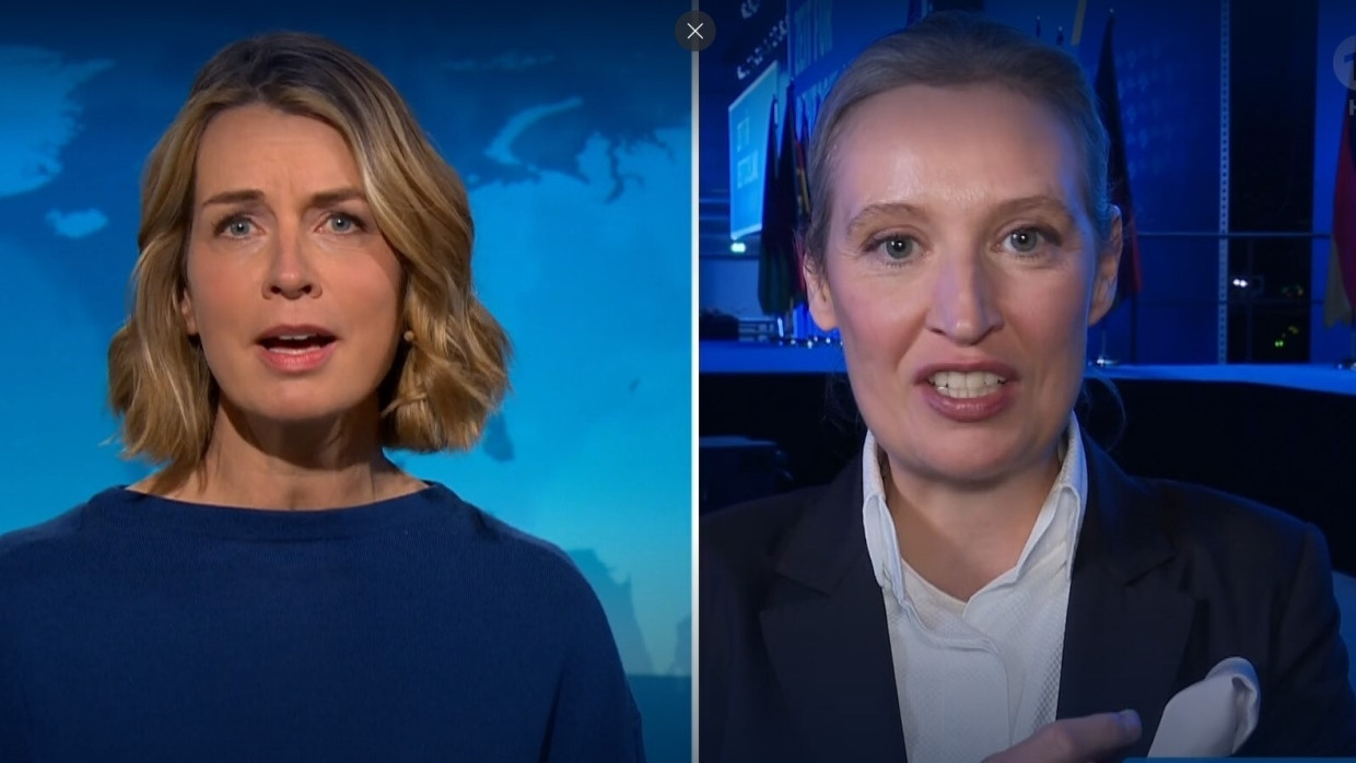 Jessy Wellmer und Alice Weidel am Samstagabend in den „Tagesthemen“.