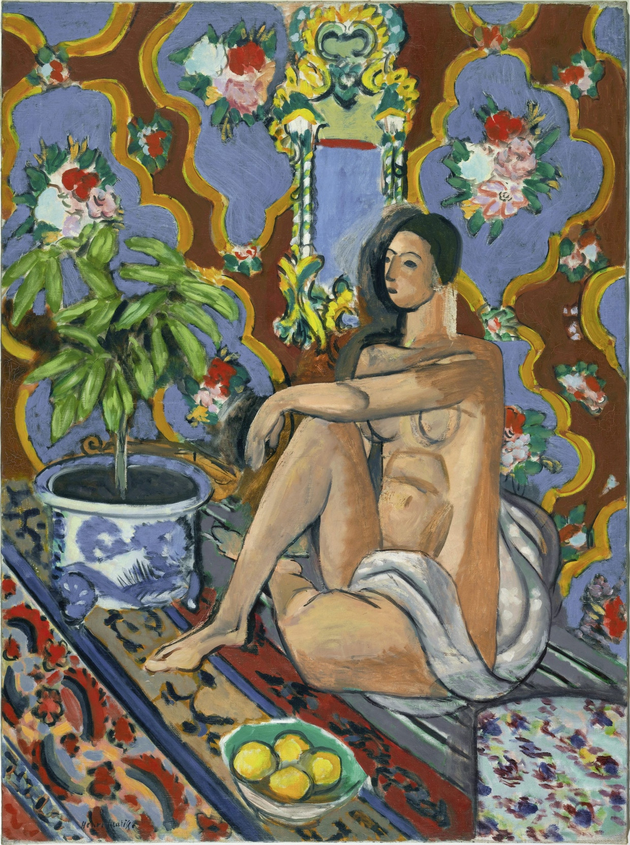 Besuche in Algerien und Marokko brachten orientalistische Elemente in seine Kunst: Henri Matisse, „Figure décorative sur fond ornemental“, 1925/26