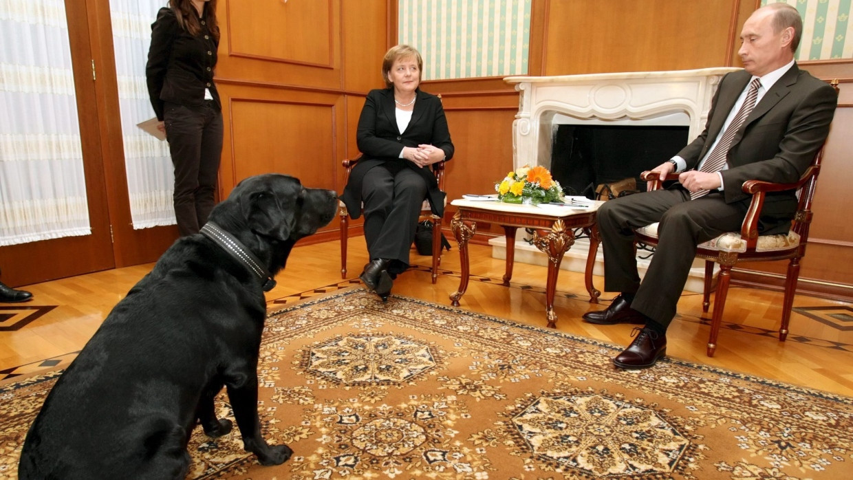 Gute Miene zum bösen Spiel: Angela Merkel zu Gast bei Putin und seinem Hund am 21. Januar 2007.