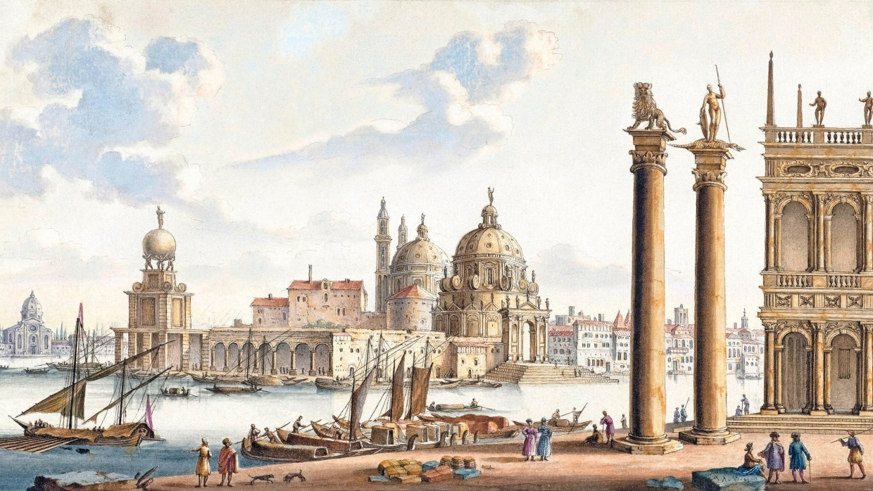 Im Gedenken an die Pest erbaut. Kirche Santa Maria della Salute in Venedig nach einem Aquarell von Jan van Call (Rijksmuseum Amsterdam).