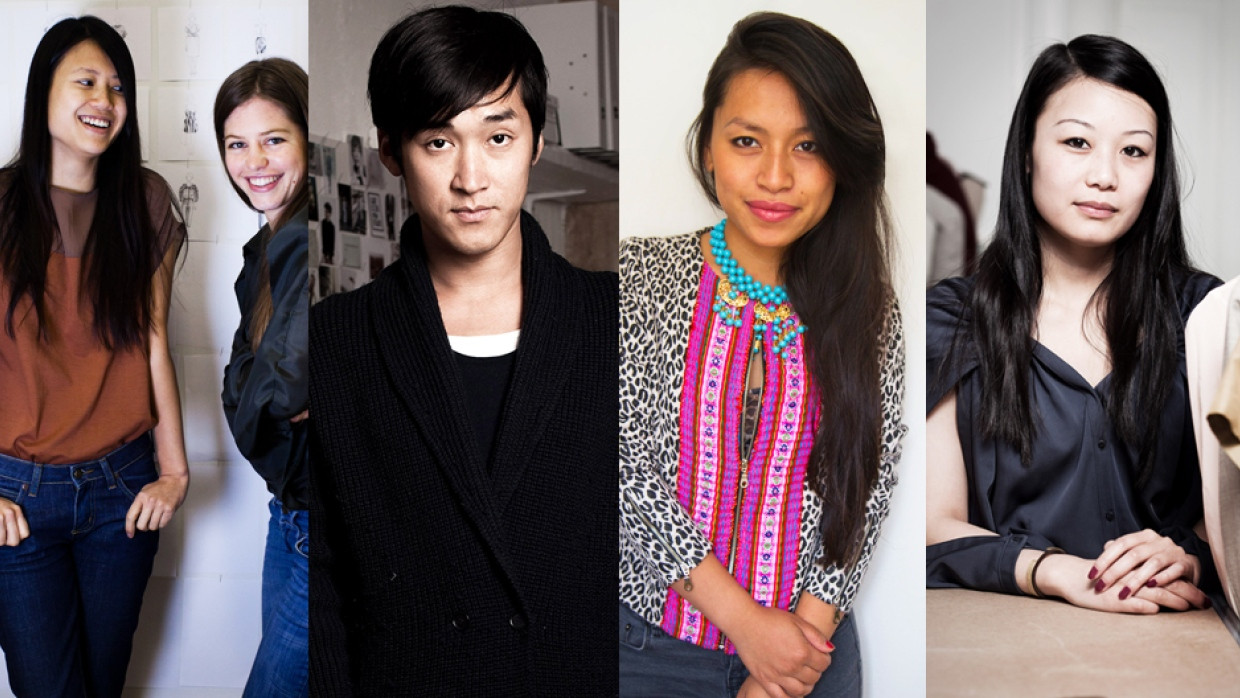 Modedesigner Tutia Schaad (hier mit Label-Partnerin Johanna Perret), Hien Le, Thuy Duong Nguyen und Hoai Vo (von links)