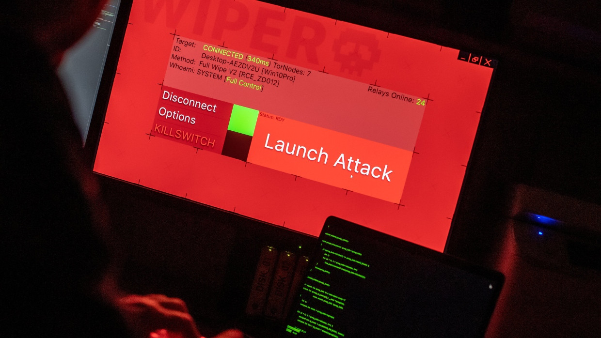 Ein Mann sitzt vor Bildschirmen, die Hacker-Programme und eine fiktive Fernlösch-Software (Wiper) zeigen.