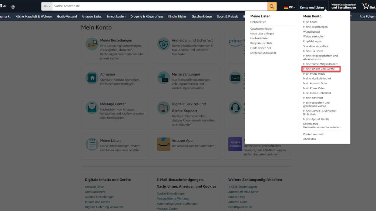Öffnen Sie Ihren Browser und rufen Sie die Amazon Website auf. Wählen Sie unter "Konto und Listen" die Option "Meine Inhalte und Geräte" aus.