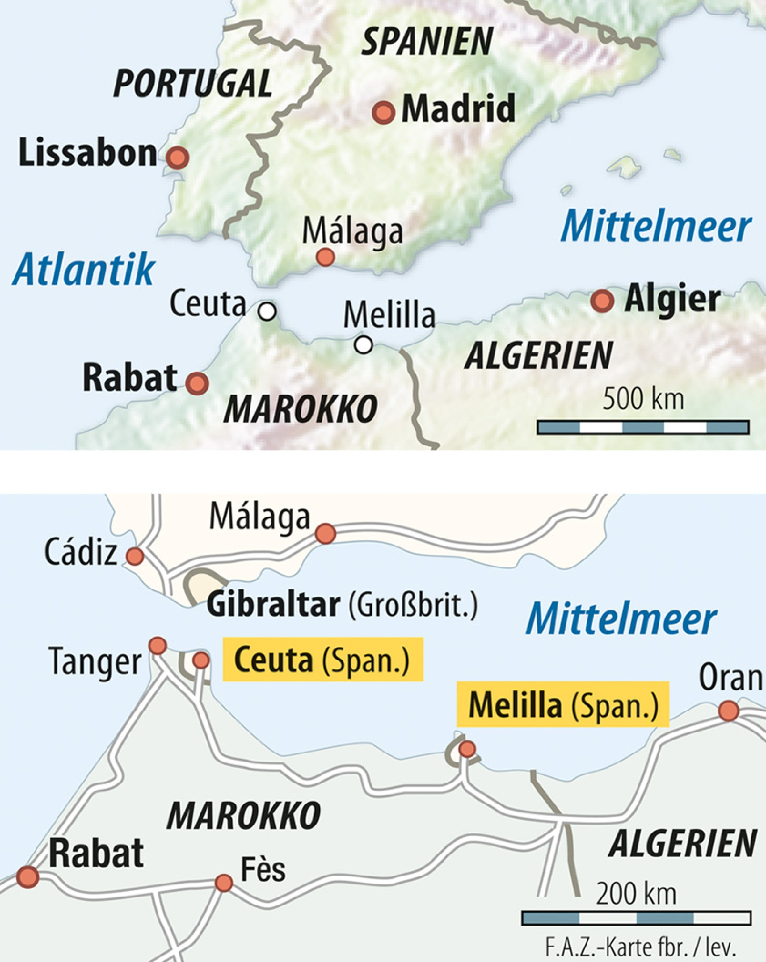 Die Lage der spanischen Exklaven Ceuta und Melilla in Nordafrika