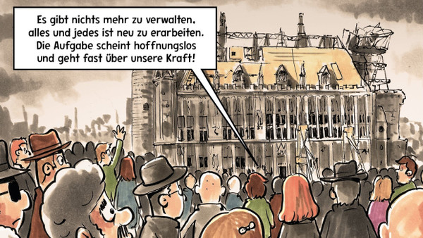 Noch nicht auferstanden aus Ruinen: Seite 31 aus dem Comic  „Das Aachener Experiment“ zeigt das kriegszerstörte Rathaus der Stadt im Winter 1944/45. Hier mit verbessertem Text, wie er in der zweiten Auflage erscheinen wird.