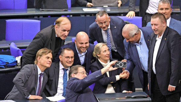 AfD-Abgeordnete machen am Mittwochabend ein Erinnerungsfoto, nachdem sie einem Antrag der Union zugestimmt hatten.