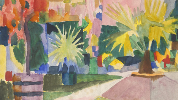 Taxiert auf 120.000 Euro bei Bassenge:  August Macke, „Garten am Thunersee III“, 1914, Aquarell über Bleistift auf Bütten, 24 mal 31 Zentimeter