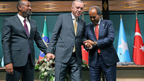 Enges Verhältnis: Erdoğan vorige Woche zwischen Somalias Präsident Mohamud (rechts) mit Äthiopiens Ministerpräsident Ahmed in Ankara