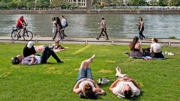 Lieber auf der Wiese als im Büroturm: Frühlingsstimmung am Frankfurter Mainufer