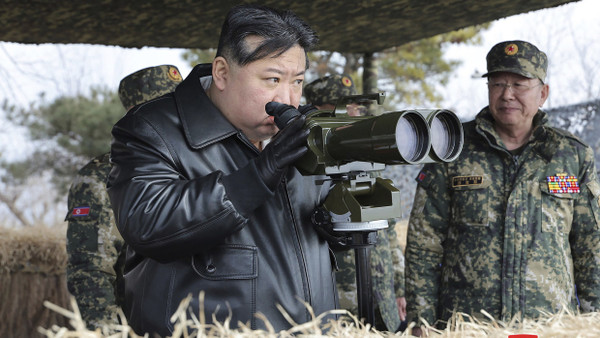 Dieses von der nordkoreanischen Regierung über die Koreanische Zentrale Nachrichtenagentur (KCNA) verbreitete Foto zeigt den nordkoreanischen Machthaber Kim Jong-un, der eine Artillerieübung beobachtet.