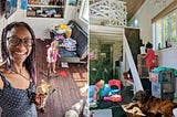 A side-by-side photo of Alexis Monkhouse and her daughter inside their tiny home, which is filled with toys.