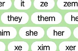 zoomed in pronoun tags on a green background