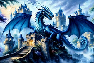A majestic blue dragon crouched over a castle.
