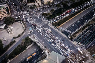 A long traffic jam at two intersections