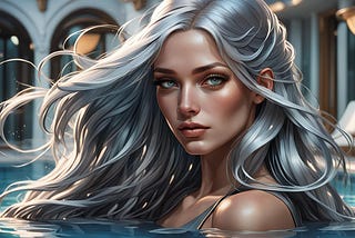 A sweet and beautiful woman with long silver hair, in a swim suit, floating in a swimming pool.