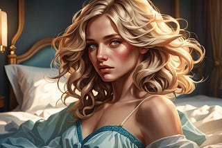 A gorgeous woman with blond, curly hair, sitting with confidence on a hotel bed.