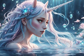 A gorgeous woman with silver white hair with a unicorn horn, standing in a pool.
