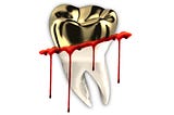 Illustration of a tooth with a gold crown. The white root of the tooth and the gold crown are separated by a streak of dripping blood.