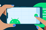 Illustration of white hands with blue nail polish holding a phone and pressing the home button while the Android logo is on screen