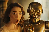 Photo of a beautiful young woman get shocked by a giant golden robot, dramatic scene and colors, AI image created on MidJourney v6 by Henrique centieiro and bee lee